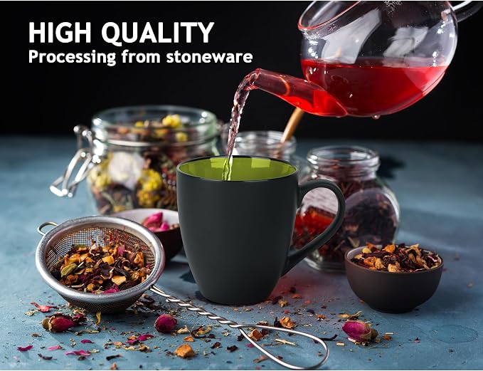 MIAMIO - Set of 6 Stoneware Coffee Mugs 12 Ounce/Cup Set - Le Papillon Collection (Black-Colourful)