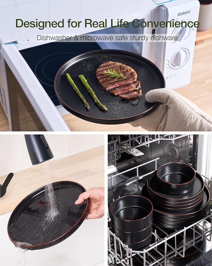 Famiware Nebula Ridge Stoneware Dinnerware Sets with Pasta Bowls, Plates and Bowls Sets, Service for 4 (16 Pieces), Microwave and Dishwasher Safe Kitchen Plates, Matte Black