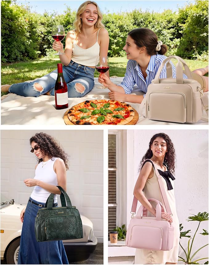 LOVEVOOK Insulated Lunch Bag for Women, PU leather Lunch Box with Shoulder Strap, Wide Opening Adult Large Lunch bags for Work Picnic Beach Family Camping Outdoor Teacher