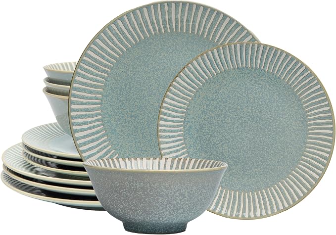 Bzyoo 12-Piece Reactive Blue Ceramic Dinnerware Set Bali Breeze Blue Elegant Table Setting for Every Occasion - Microwave & Dishwasher Safe Stackable