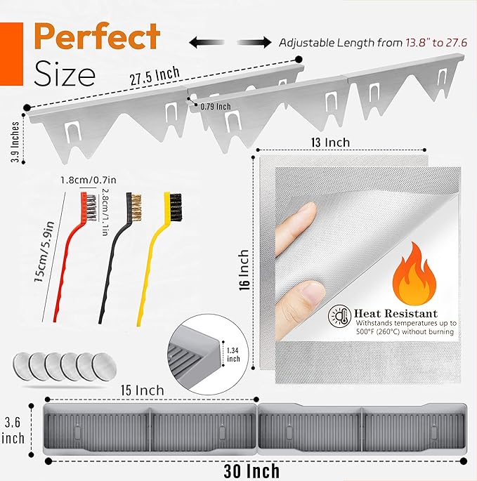Stove Gap Covers Stainless Steel 2PC(0.08"–0.7" W,13.8"–27.5" L)+30"(2×15") Silicone Magnetic Stove Shelf+4PC Gas Burner Covers|Heat Resistant Non-Stick Range Accessories,Bonus Cleaning Brushes