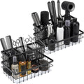 AceOrbit 2 Pcs 1pcs Hair Tool Organizer Countertop Breathable Metal Bamboo Hot Tools Vanity Organizer Under Sink Bathroom Hair Dryer Holder Countertop Brush Comb Holder Tray (White Bamboo,Black)
