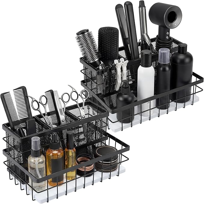 AceOrbit 2 Pcs 1pcs Hair Tool Organizer Countertop Breathable Metal Bamboo Hot Tools Vanity Organizer Under Sink Bathroom Hair Dryer Holder Countertop Brush Comb Holder Tray (White Bamboo,Black)