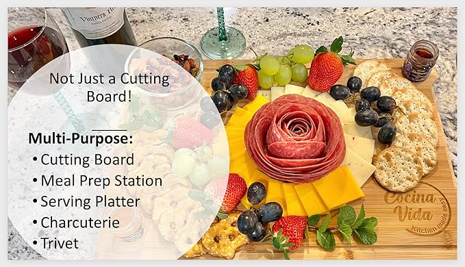 Cocina Vida Customizable Bamboo Cutting Board with 4 Collapsible Containers and Strainer - All-In-One Personalized Cutting Board with Slide-Out/Expander - Kitchen Must Have