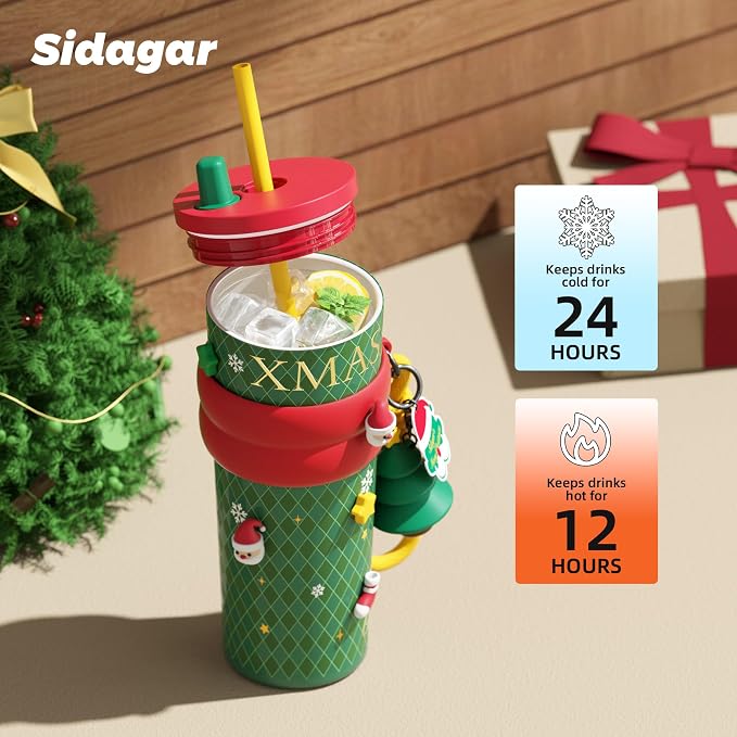 24 oz Christmas Tumbler with Lid and Straw, Insulated Coffee Mug Leak Proof, Portable Iced Water Bottle, Reusable Thermal Coffee Cup, Gifts for Women