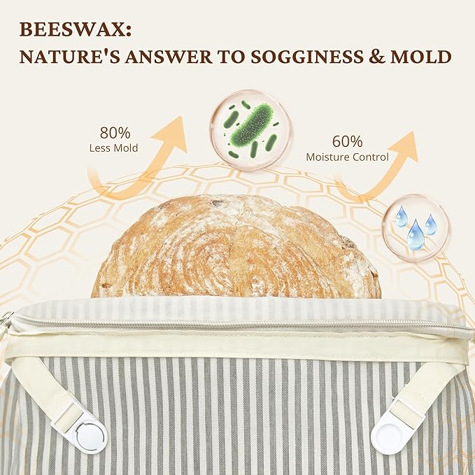 BRONYPRO Reusable Beeswax and Linen Bread Bags with Zipper, 2-Pack Waxed Bread Bags for Homemade Bread & Sourdough, Sustainable Sourdough Loaf Storage to Lock in Freshness, Large 17x12.6in, Grey