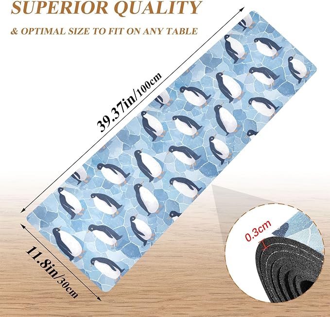 2-in-1 Table Runner Trivet for Hot Dishes Heat Resistant Hot Plate Mat Pad 39x12 Inch Waterproof Table Protector Trivets for Countertop Non Slip Decorative Blue Polar Penguin and Ice Blocks