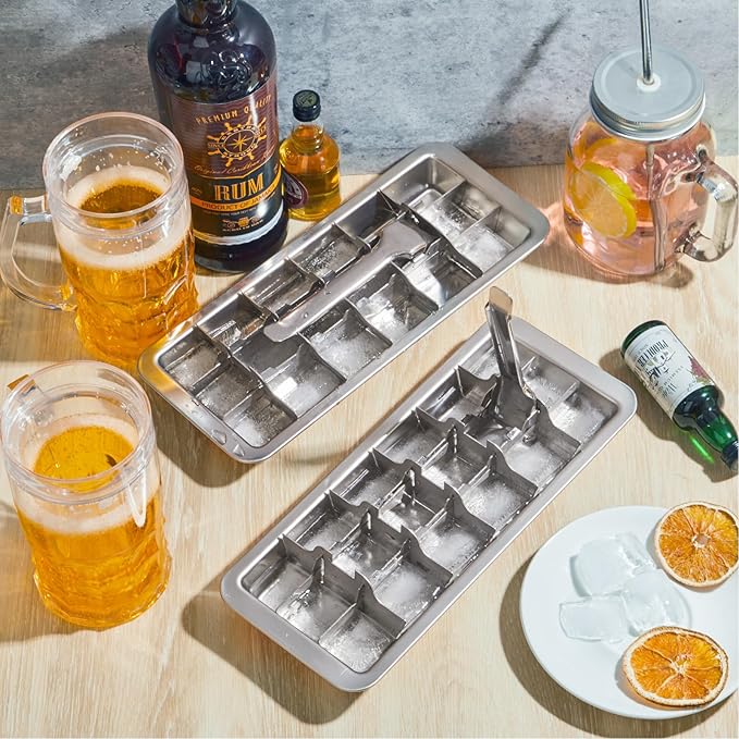 Yaocom 2 Pcs 18 Slot Stainless Steel Ice Cube Maker and Tray Ice Cube Tray for Bars Kitchens Levers Remove Cubes Easy Removal Metal Food Grade Freezer Molds for Food Juice Dishwasher Safe