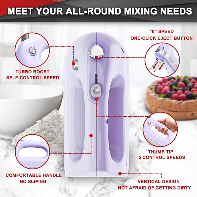 Lord Eagle Hand Mixer Electric Handheld 400W, 5-Speed Lightweight Kitchen Mixer with Storage Case, 5 Stainless Steel Attachments for Baking Cake Egg Cream Food Beater, Turbo+Eject Button, Purple