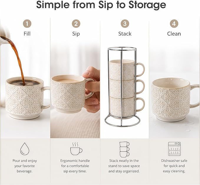 6 Oz Coffee Mugs with Stand, Stackable Coffee Cups Set of 4, Ceramic Espresso Cups, Embossed Cappuccino Cups for Latte, Cocoa, Mocha, Tea, Housewarming Wedding Present, Dishwasher Safe