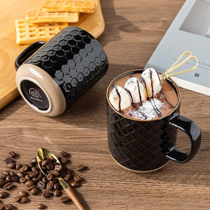 GBhome Coffee Mugs Set of 4, 12oz Handmade Stoneware Coffee Mugs Set with Large Handle for Cappuccino/Latte/Tea/Hot Cocoa, Dishwasher & Microwave Safe, Black
