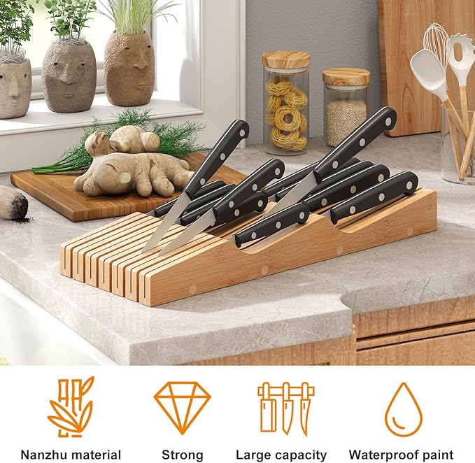 In-Drawer Knife Block Organizer - Bamboo Wood Drawer Knife Organizer-Protecting Knife Organizer Block (Not Included) (Natural, 13 Knives Dock)
