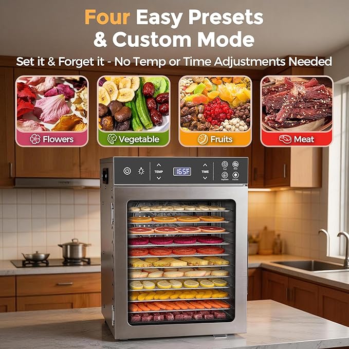 Suteck 12-Tray Food Dehydrator, 800W Dehydrator Machine with Stainless Steel Trays, Dual Fans & 360° Airflow, Digital Temp & Timer Control with 4 Presets, Quiet Dryer for Jerky, Fruit, Meat, Herbs