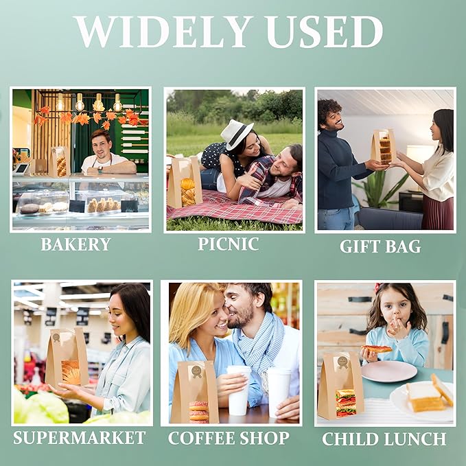 100 Pack UPGRADED THICKEST Brown Paper Bread Bags for Homemade Bread Large Sourdough Bread Bags 13.7"x8.3"x3.5" with TIN TIE LOCK & Clear Window, Rigid Bakery Bags with 100 “Thank You” Seal Stickers