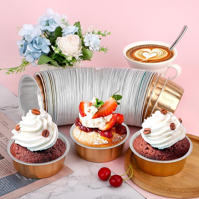 Beasea Aluminum Ramekins, 8oz 200 Pack Disposable Ramekins Foil Cups Baking 3.9" Ramekin Cup Cupcake Aluminum Mini Baking Cups for Party - Rose Gold