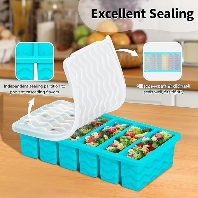 Doasuwish 3-Pack Silicone Freezer Trays with Lid,2 Large 2-Cup(500ml)&4 Medium 1-Cup(125ml)&6 Small 1/2-Cup(75ml) Soup Freezer Container Molds,Ice Cube Tray For Meal Prep&Freezing Soup,Stews,Sauces