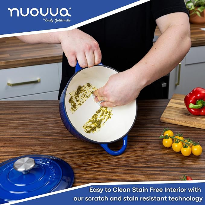 Cast Iron Dutch Oven with Lid - Non-Stick Ovenproof Enamelled Casserole Pot- Sturdy Dutch Oven Cookware - Dark Blue, 3.1-Quart, 22cm - by Nuovva