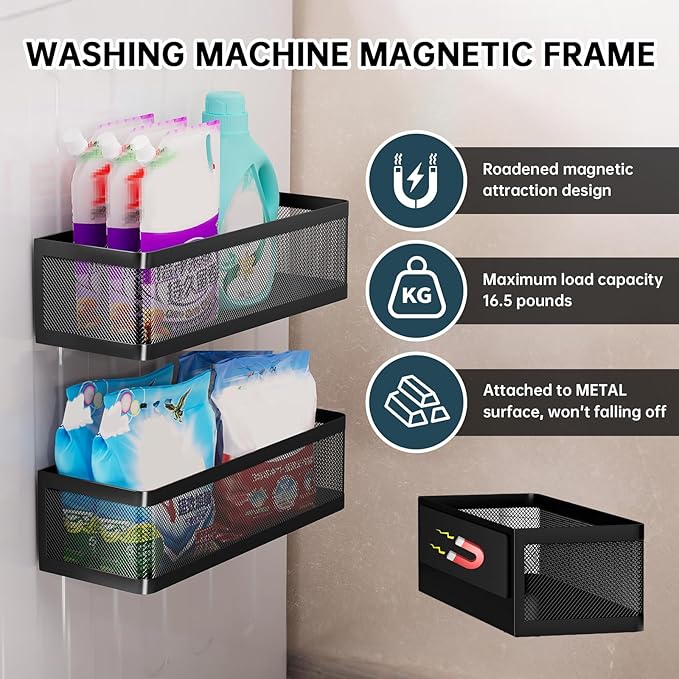 2-Pack Laundry Room Organization, Magnetic Shelves with Tall Guardrails to Prevent Falling - Strong Magnet Organizer for Washing Machine, Refrigerator, Kitchen & Pantry