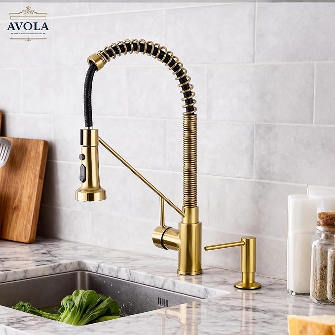 Avola Brushed Gold Deck Mounted Lotion or Soap Dispenser for Kitchen Sink, Spot-Free Brass Pump Liquid Lotion Kitchen Sink Soap Dispenser with 47" Extension Tube Kit&17 OZ PET Bottle