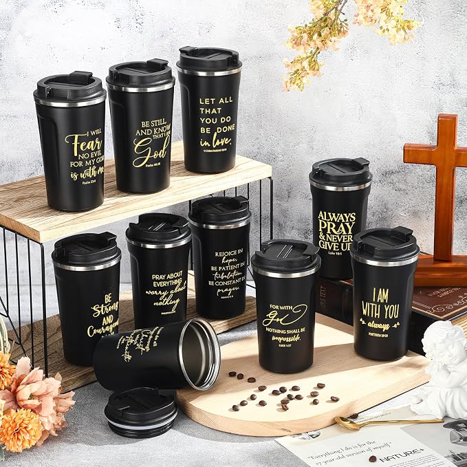 Meanplan 10 Set Fathers Day Christian Gift Bible Verse Tumbler 17oz Coffee Cup Religious Gifts Bulk Christian Tumblers for Men Church Member Sunday School Teacher Gifts Cna Week (Black, Bible Theme)