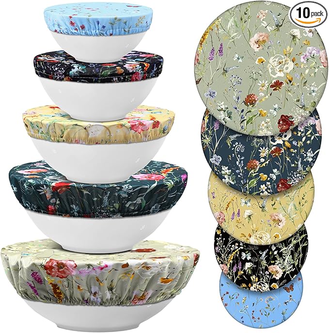 Patelai 10 Pcs Bowl Covers Reusable in 5 Size Stretch Cloth Fabric Elastic Food Storage Bowl Covers Bread Sourdough Lids for Proofing Food Fruits Leftover (Colorful,Rich Flowers)