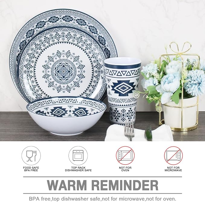 Melamine Dinnerware Set for 4-16 Pcs:Camping Dishes Set with Dinner Plates,Salad Plates, Bowls and Cups.Lightweight and Unbreakable.Indoor and Outdoor Use.