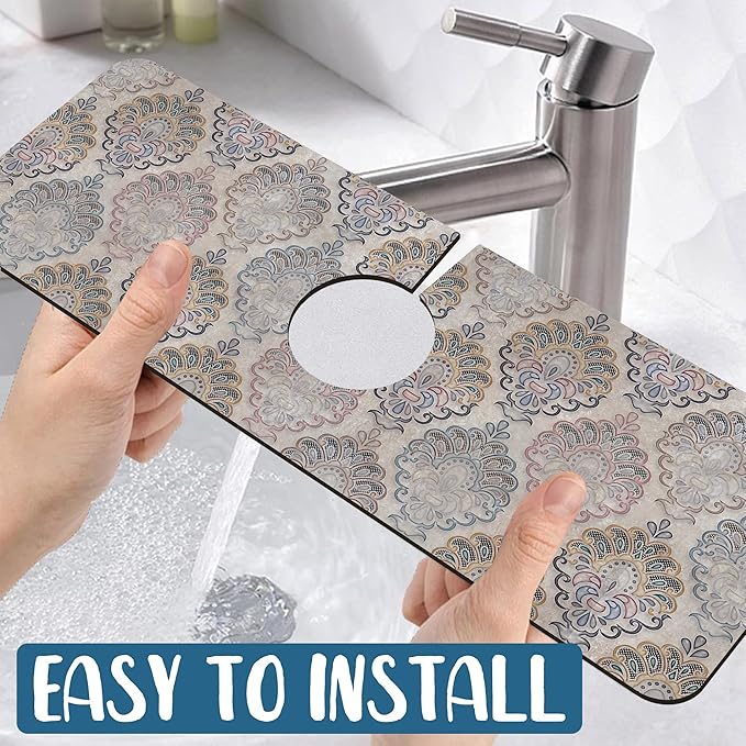 Grey Ceramic Printing Sink Splash Guard Ceramic Texture Faucet Absorbing Mat Fast Drying Mat Sink Gadgets Splash Guard Behind Faucet Drip Catcher for Kitchen Bathroom, 15.5"x5.5"