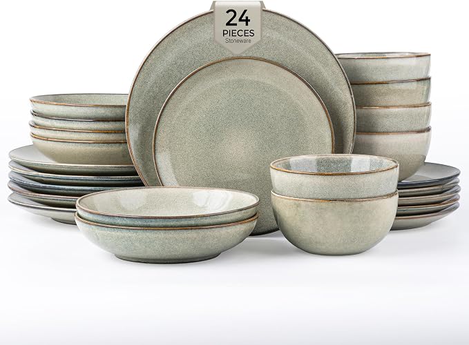 GBHOME 24 Pieces Double Bowls Dinnerware Sets for 6, Stoneware Plates and Bowls Set with Reactive Glaze, Scratch Resistant Stoneware Dishes Set, Dishwasher & Microwave Safe
