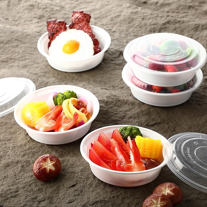 Nuenen 100 Pcs 16 oz Round Meal Prep Containers with Lids Plastic Containers Meal Prep Lunch Box Bowls Take out Food Storage Bento Box Microwavable Freezer Safe(White)