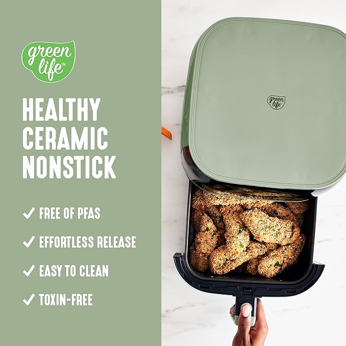 GreenLife Compact Electric Air Fryer Oven, 5.3 QT, PFAS-Free Ceramic Nonstick Drawer, 8 One Touch Digital Display, Easy View Window, Auto Shut-Off Timer, Dishwasher Safe Parts, 1500 Watts, Sage