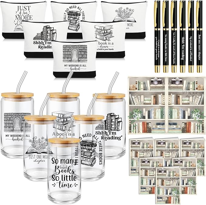 24 Pcs Books Club Gifts Book Lovers Gifts for Women Blind Date with a Read Include 16 oz Glass Cup Canvas Makeup Bag Ballpoint Pen Card for Librarian Reader Bookish Teacher