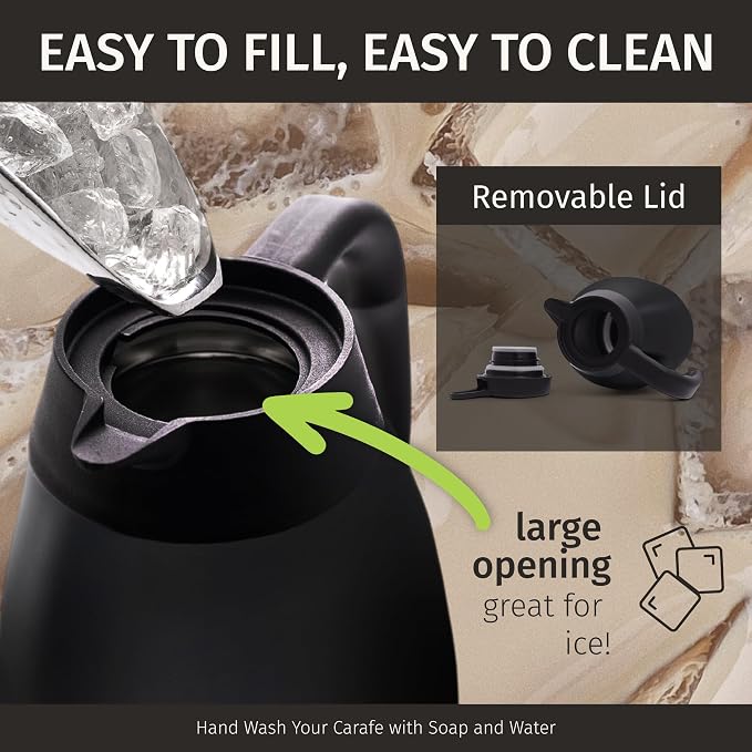 Cresimo 68 Oz Stainless Steel Black Thermal Coffee Carafe/Double Walled Vacuum Flask / 12 Hour Heat Retention / 2 Liter Tea, Water, and Coffee Dispenser