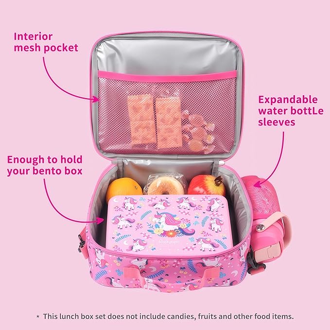 rockpapa Kids Lunch Box Set with 14oz Insulated Water Bottle & Lunch Bag, Leakproof 5.5 Cups Bento Box for School & Children, BPA-Free, Microwave Safe for Boys Girls (Pink Unicorn)