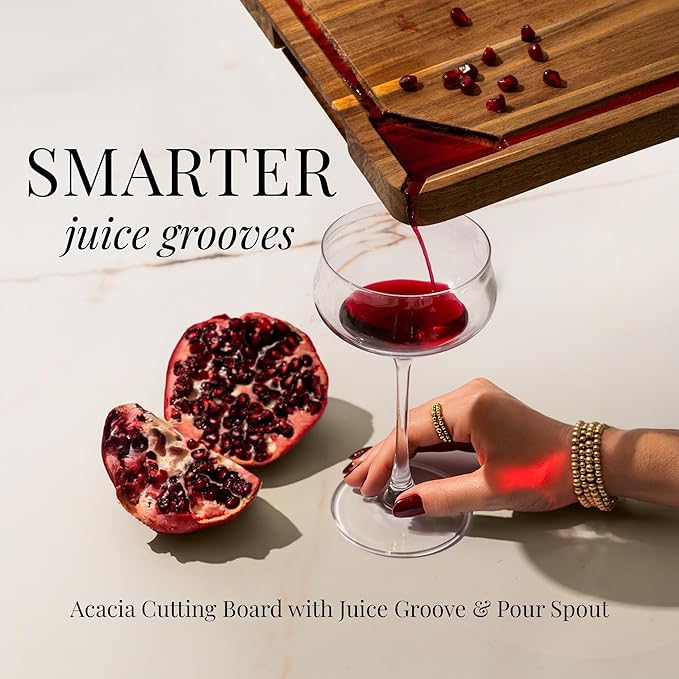 Acacia Wood Cutting Board Set with Holder – 4 Piece Wooden Cutting Board Set with Stand – Reversible Charcuterie Tray with Juice Grooves and Gold Handles – Stylish Kitchen Gift