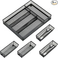 Neudeco Drawer Organizer Set 5 Pack - 4-Compartment Silverware Organizer Tray + 4 Utensil Trays, Kitchen Drawer Organizer for Flatware, Cutlery, Office Supplies, Black Mesh, Non-Slip.