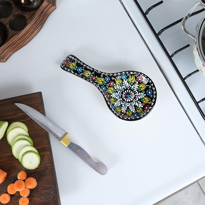 BCS Spoon Rest Set of 2 - Ceramic Spoon Holder for Stovetop & Kitchen Counter - Dishwasher Safe Handmade Kitchen Utensil (Black-Yellow 4.5” W x 9" L)