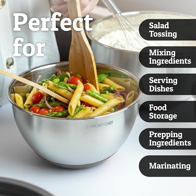 Priority Chef Stainless Steel Mixing Bowls with Lids Set, Metal Nesting Bowls with Airtight Lids, Graters, Non-Slip Base & Measurement Marks, Includes Utensil Set for Prep, Baking & Storage, Grey