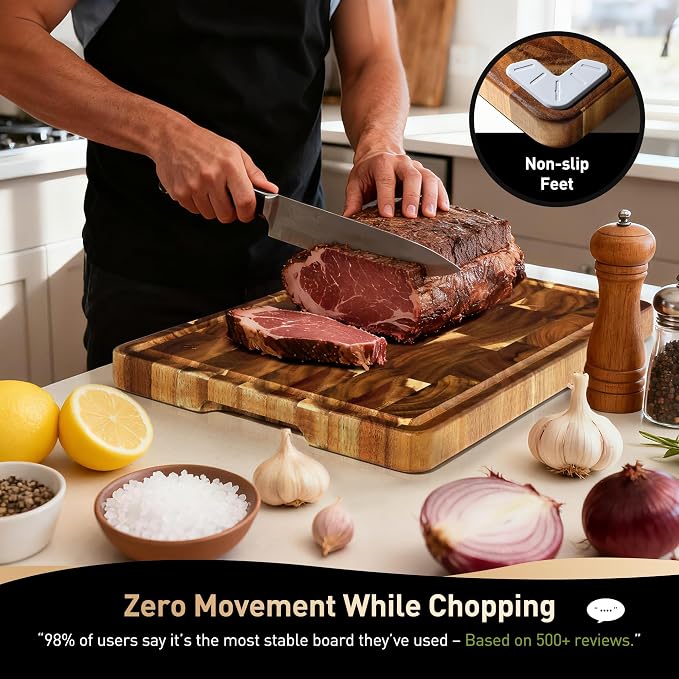 End Grain Cutting Board Set of 3 with Non-slip Feet, Reversible Acacia Wood Cutting Boards for Kitchen with Juice Grooves and Handles Non Toxic Chopping Board Butcher Block Serving Tray Kitchen Sets