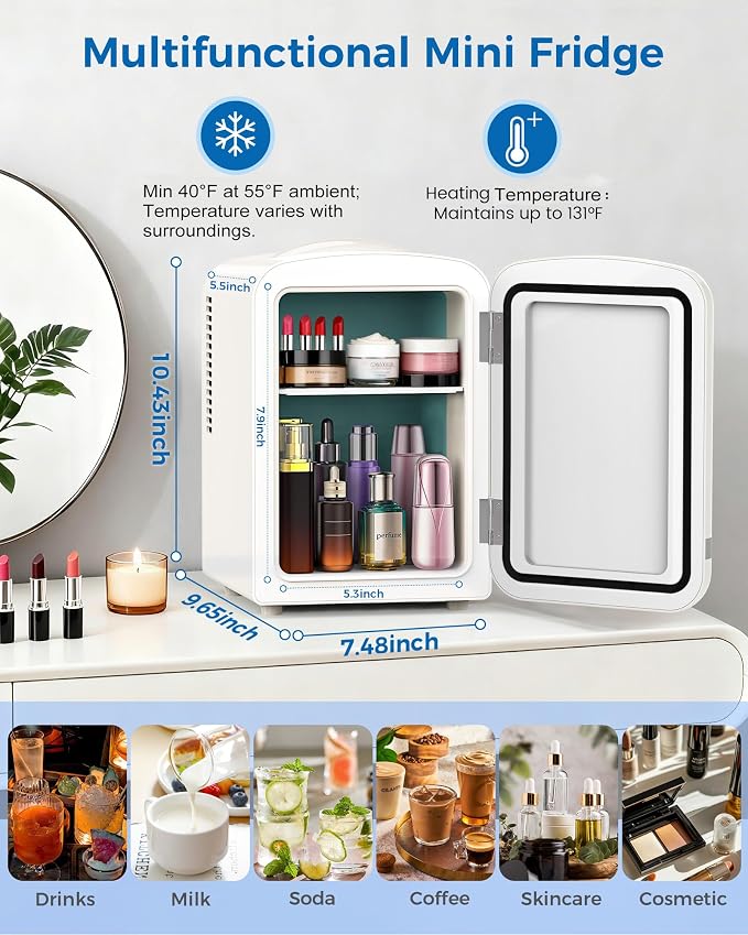 Electactic Mini Fridge for Skincare, 4L/6 Cans Small Cosmetic Fridge for Makeup & Beverage, Portable Desk Fridge Cooler and Warmer for Kids, Bedroom, Countertop, White