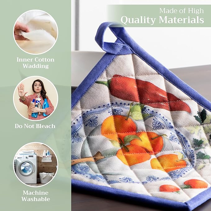 Maison d' Hermine Pot Holders 100% Cotton Heat Resistant Potholders 8" x 8" Hot Pads with Loop BBQ Cooking Baking Gifts for Mothers Day Handling Hot Pans Spring/Summer (Pack of 1, Gourmand)