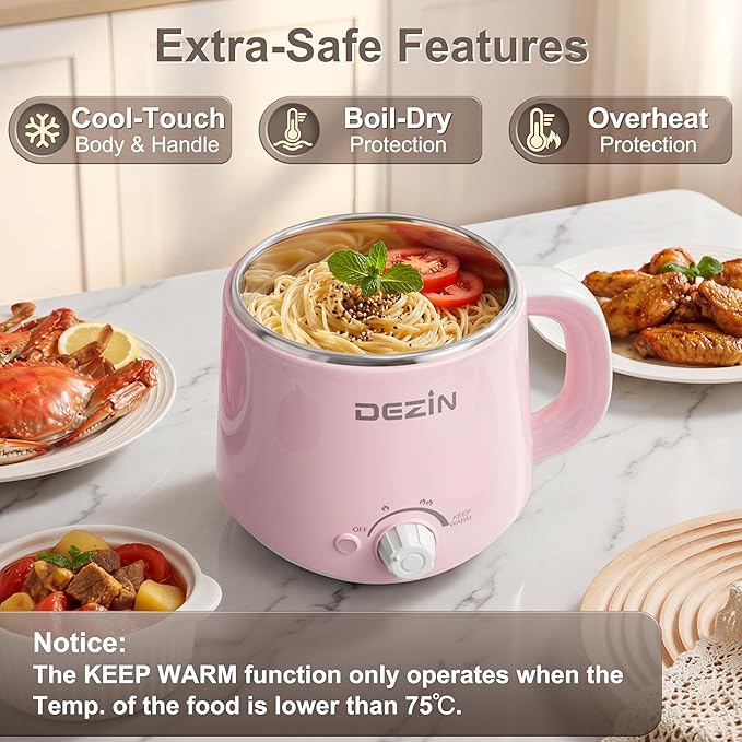 Dezin Hot Pot Electric, Rapid Noodles Cooker, Stainless Steel Electric Pot 1.6 Liter, Perfect for Ramen, Egg, Pasta, Dumpling, Soup, Porridge, Oatmeal with Temperature Control and Keep Warm Function