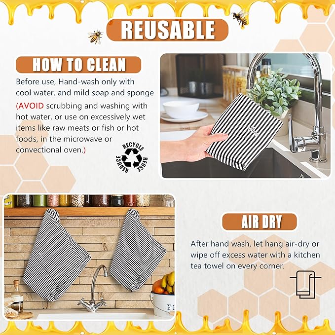 Sourdough Bread Bag – Reusable Beeswax Bread Storage Bags 2.0 (2 Sizes) for Homemade & Artisan Loaves, Cotton-Lined Bread Keeper, Plastic-Free Kitchen Storage – Stripey Black