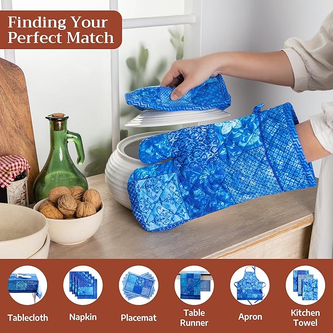 Maison d' Hermine Pot Holders 100% Cotton Heat Resistant Potholders 8" x 8" Hot Pads with Loop BBQ Cooking Baking Gifts for Mothers Day Handling Hot Pans Spring/Summer (Pack of 2, Indigo Love)