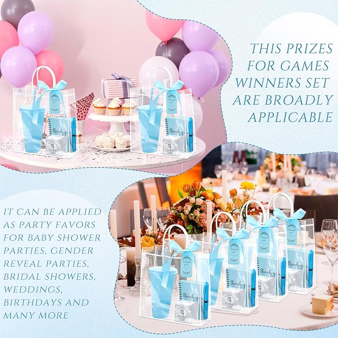 Nuogo 12 Sets New Parent Shower Prizes for Player Winners Adult, Wedding Bridal Shower Gift, Plastic Tumbler Notebook Scented Candle Ballpoint Pen Bag (Blue Color,Classic Style)