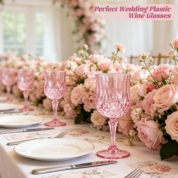 16 Pack Plastic Wine Glasses,10oz Unbreakable Vintage Style Goblets,Reusable Crystal Like Drinking Glass for Wedding Reception, Party Supplies (Pink)