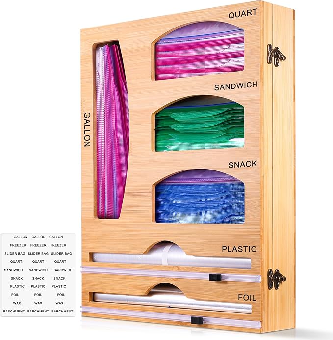 Ziplock Bag Organizer and Plastic Wrap Dispenser with cutter for Kitchen Drawer - 6 IN 1 Bamboo Ziplock Storage, Sandwich Bag Organizer, for Gallon, Quart, Sandwich, Snack