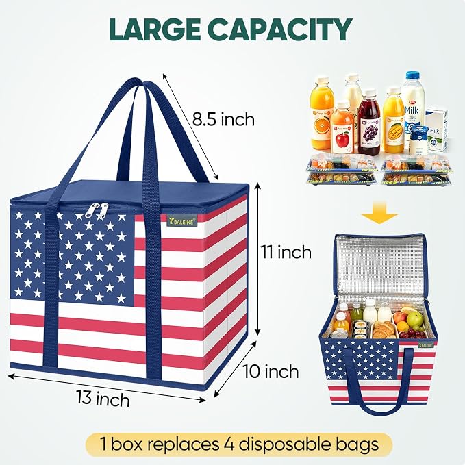 BALEINE 1Pk Insulated Reusable Grocery Bags, Foldable Shopping Bags for Groceries with Reinforced Bottom & Handles (Patriot Celebration)