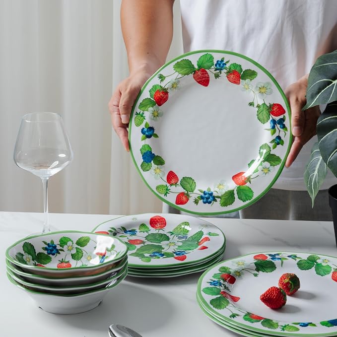 LEHAHA Strawberry Melamine Dinnerware Sets-12pcs Plates and Bowls Set, Lightweight/Unbreakable Camping Dishes Set for 4, Cute Kitchen Dinner Set for Indoor Outdoor Use