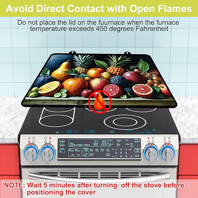 Glass Stove top Cover 28"x 20", Stove Top Covers for Electric Stove, Flat Range Mat for Glass Cooktop, Kitchen Heat-Resistant Protector Non-Slip Drying Mat (Assorted Fruits)