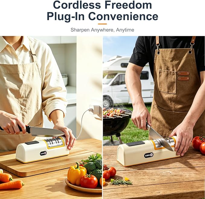 3 Stage Electric Knife Sharpener 2 Speed, Coarse & Fine Slots with Extra Fine Honing Stone on Handle, 20° Precision Angle Guide, Rechargeable Cordless Battery & Plug-in for Chef Knives